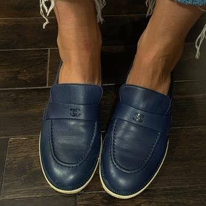 CHANEL Navy Leather Penny Loafers